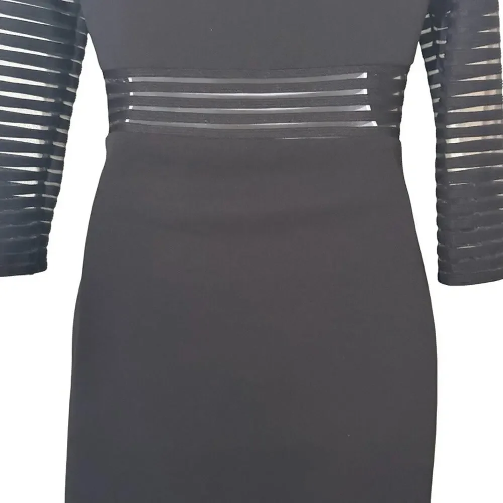 Lulus Perfect Mesh Black Bodycon Stretch Mini Dress 3/4 Sleeve Party LBD sz M